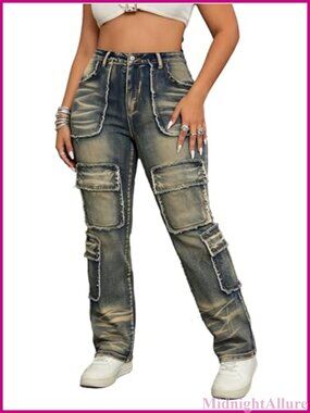Plus Size Cargo Jeans Straight Leg Multi-Pocket Frayed Denim Pants